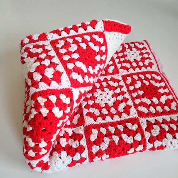 Hand Made Crochet Granny Square Throw Afghan Blanket with Red and White Colors. - Picture 6 of 6